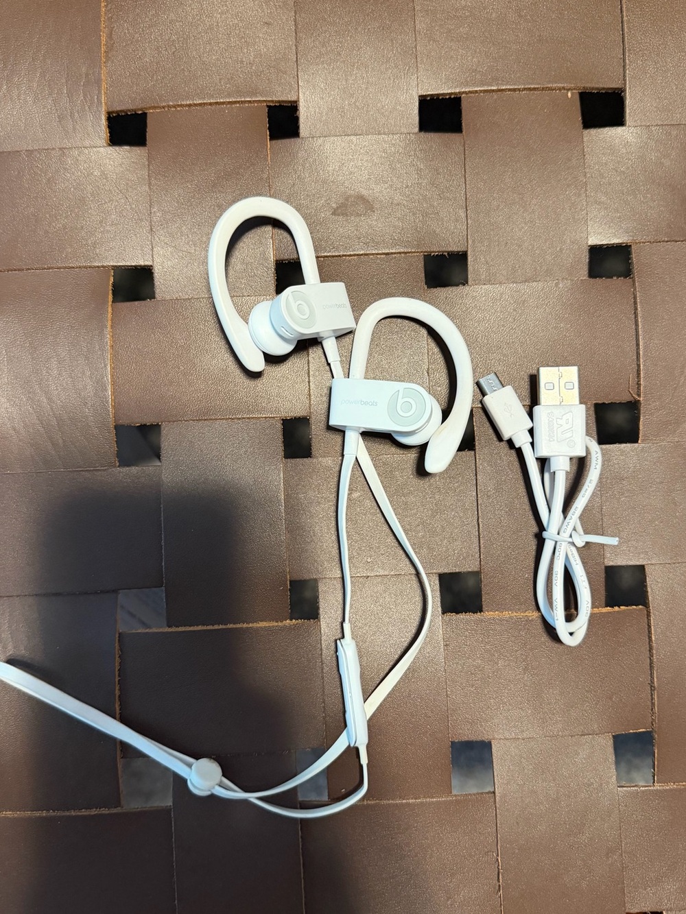Beats by Dre Powerbeats Ear-Hook Wireless Earphones in White with charging cord